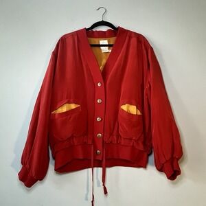 Vintage 80s Memphis 100% Silk Red Jacket Sz L Balloon Sleeves Oversized Slouchy